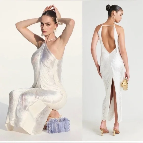 NWOT Cult Gaia Renata Draped Fringe Halter Gown Off White Bridal Wedding Size M - Picture 6 of 9